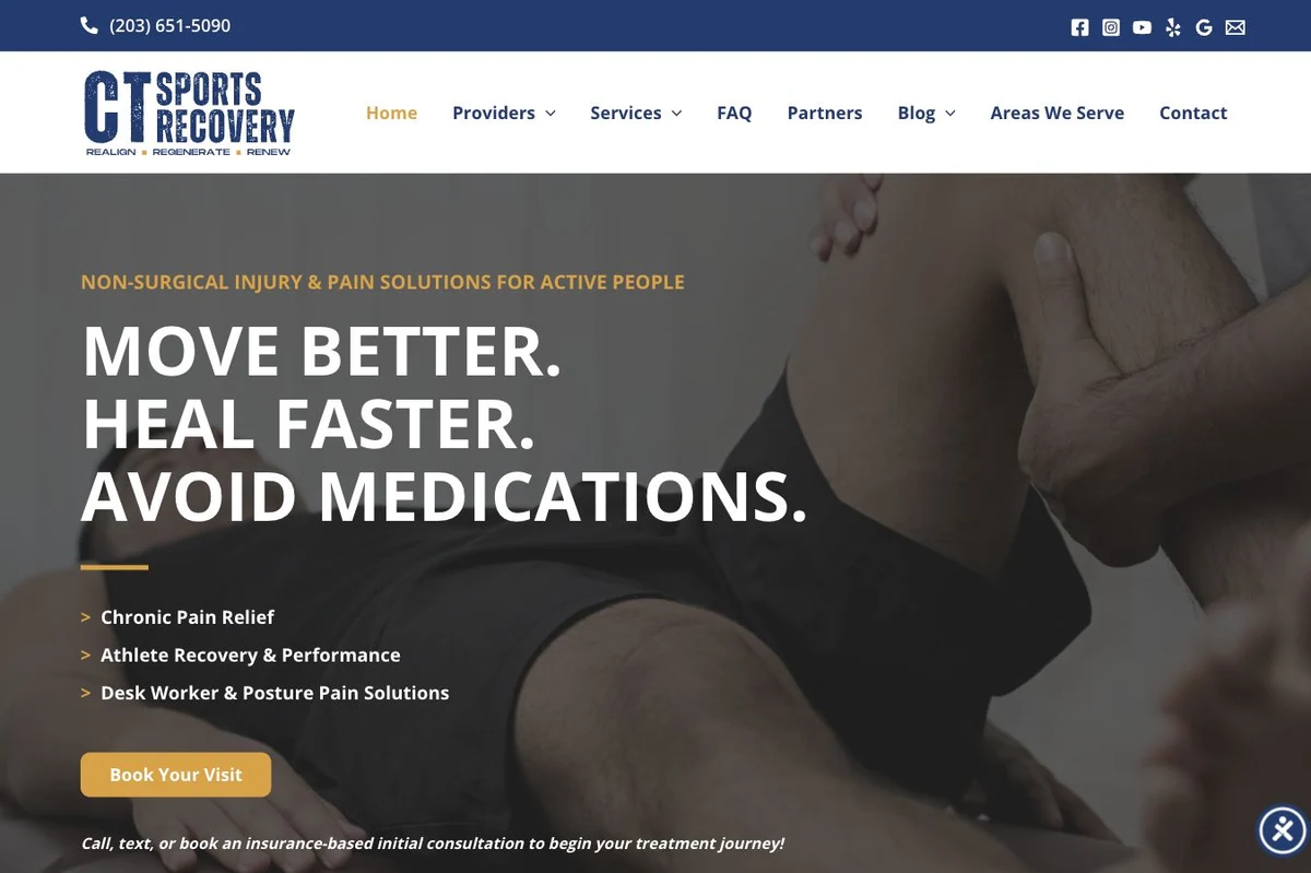 CT Sports Recovery website homepage shown in the laptop portfolio mockup.