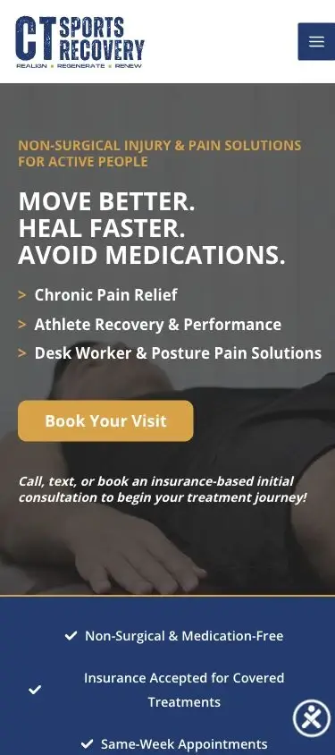 CT Sports Recovery website homepage shown in the mobile portfolio mockup.
