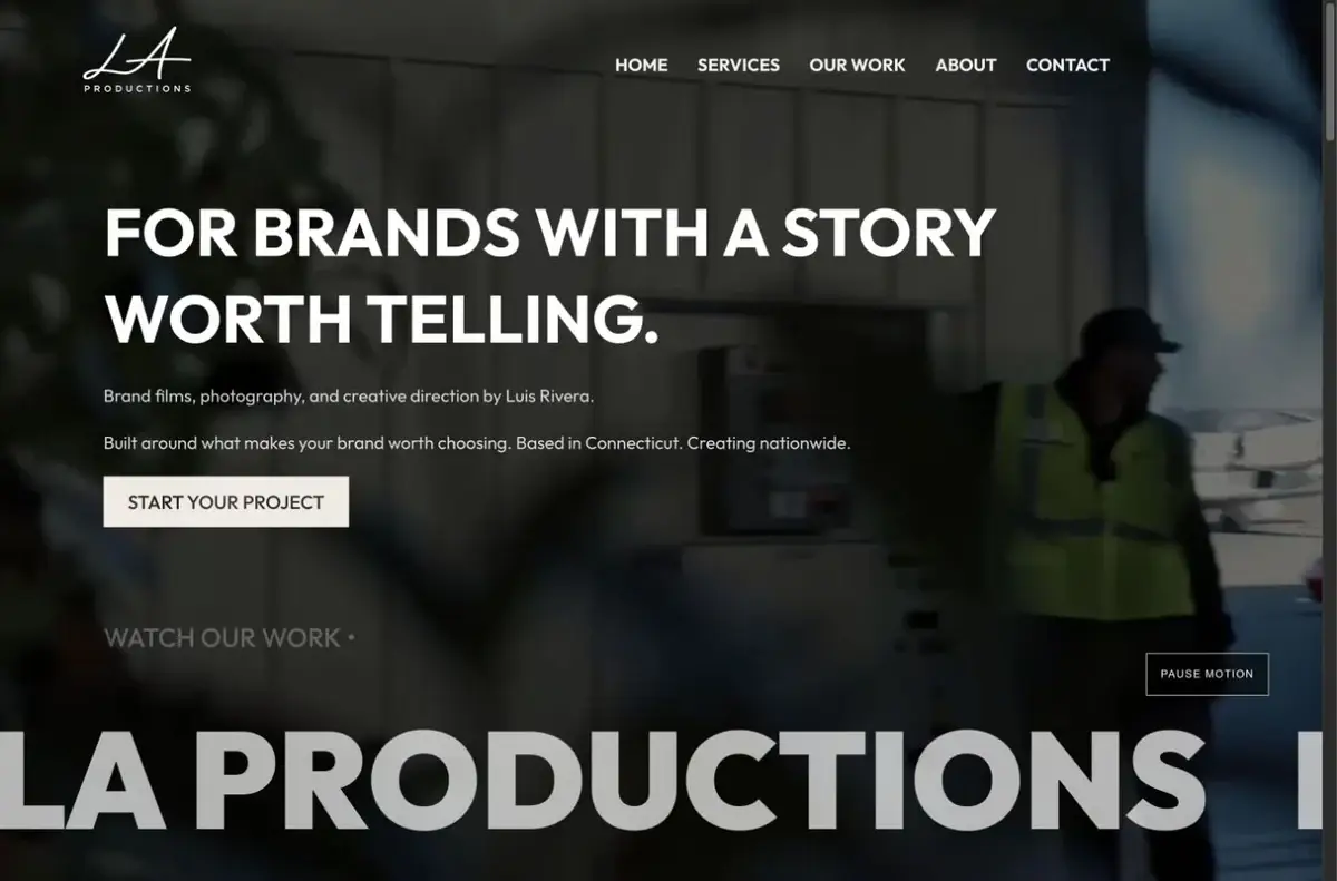 LA Productions website homepage shown in the laptop portfolio mockup.