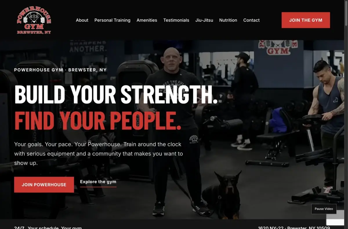 Powerhouse Gym Brewster website homepage shown in the laptop portfolio mockup.